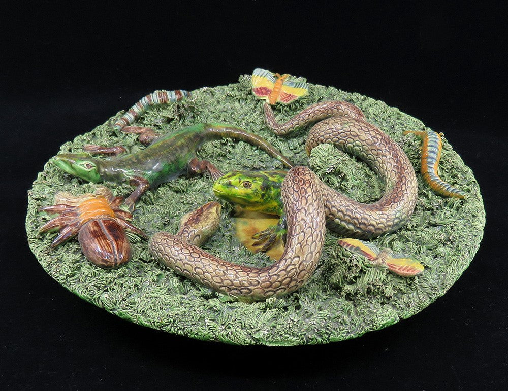 Rare Antique Signed Jose A Cunha Palissy Majolica Plate Snake Lizard Beetle