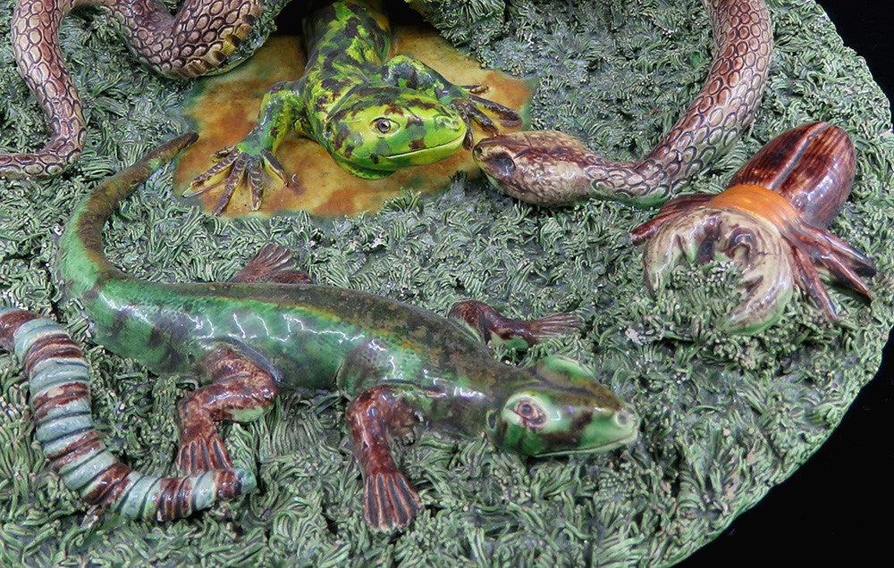 Rare Antique Signed Jose A Cunha Palissy Majolica Plate Snake Lizard Beetle