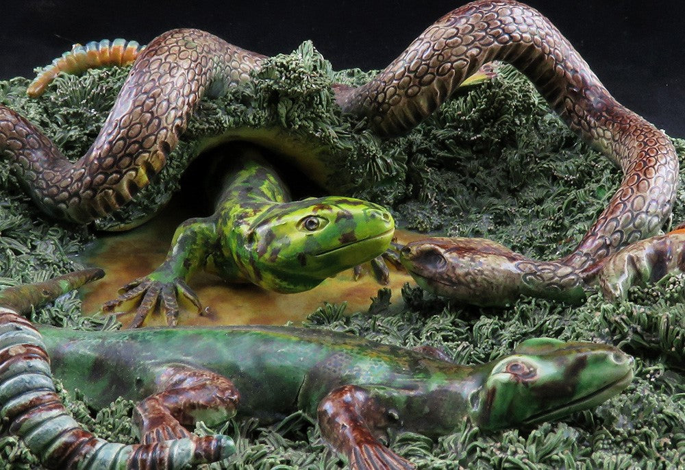 Rare Antique Signed Jose A Cunha Palissy Majolica Plate Snake Lizard Beetle