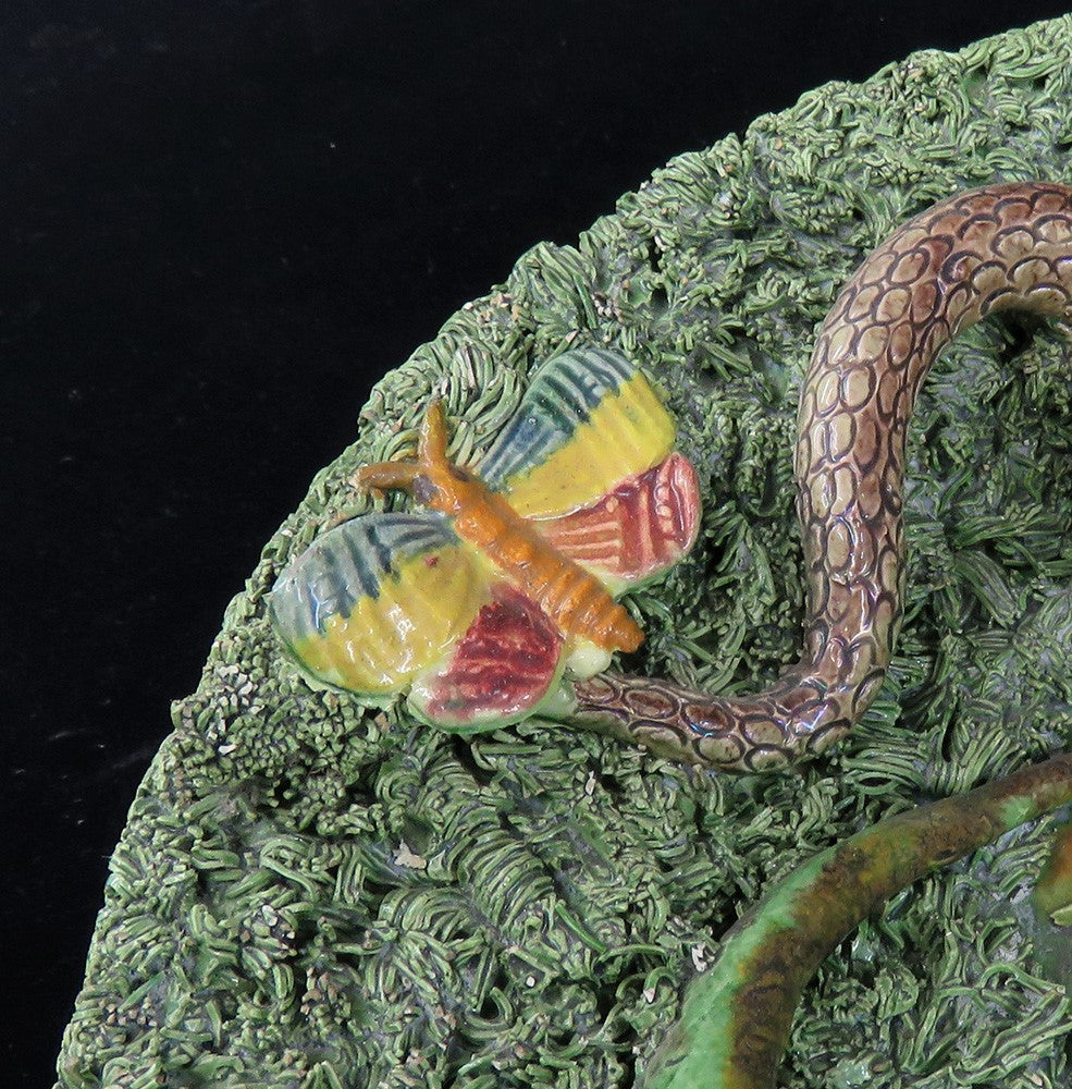 Rare Antique Signed Jose A Cunha Palissy Majolica Plate Snake Lizard Beetle