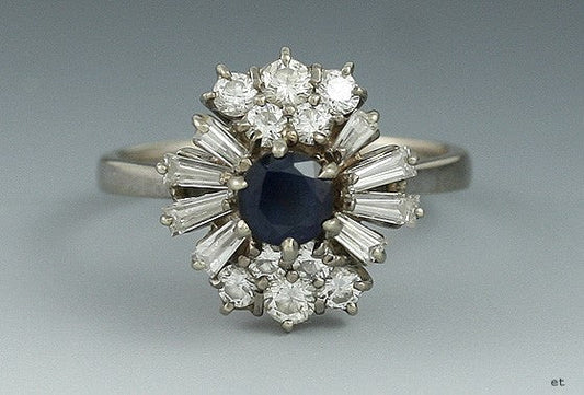Superb Italian 18K White Gold Sapphire & VS Diamond Cluster Halo Ring