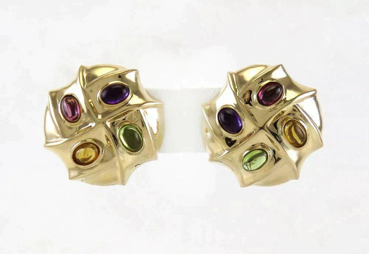 Superb 14K Yellow Gold Amethyst Peridot Citrine Tourmaline Gemstone Earrings