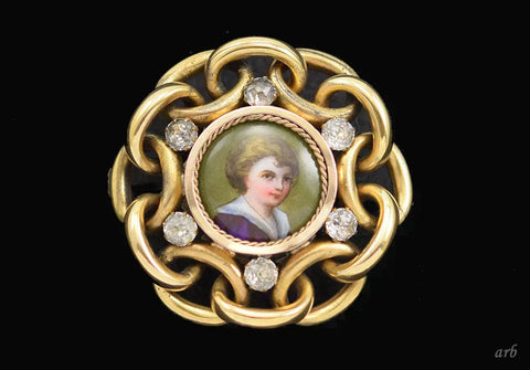 Neat Antique Hand Painted Portrait Pin of Young Man w/ Gilt Frame Paste Stones