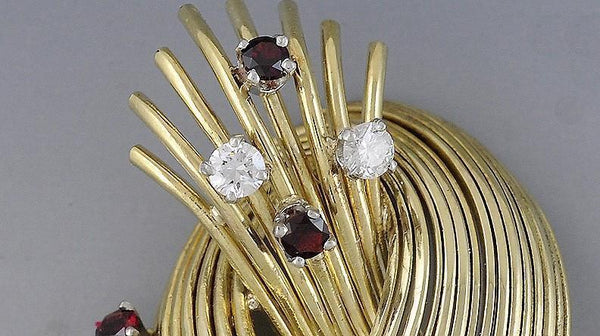 Eye Catching 18k Yellow Gold Diamond & Ruby Brooch Pin