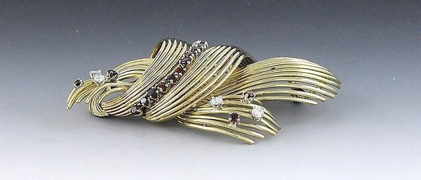 Eye Catching 18k Yellow Gold Diamond & Ruby Brooch Pin