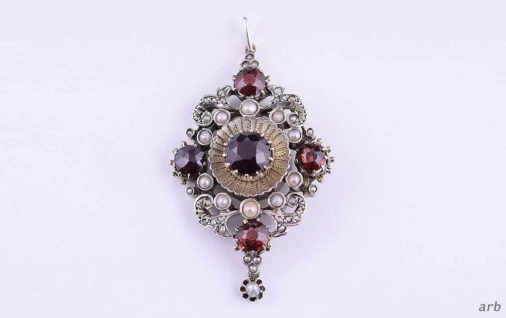 Glistening Silvery Pendant Set w/ 5 Large Garnets and Natural Seed Pearls