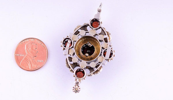 Glistening Silvery Pendant Set w/ 5 Large Garnets and Natural Seed Pearls