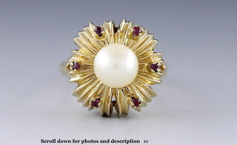 Stunning Italian 18k Yellow Gold Pearl & Ruby Starburst Ring Size 6.5