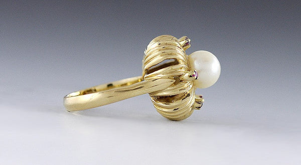 Stunning Italian 18k Yellow Gold Pearl & Ruby Starburst Ring Size 6.5