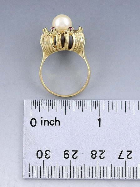 Stunning Italian 18k Yellow Gold Pearl & Ruby Starburst Ring Size 6.5