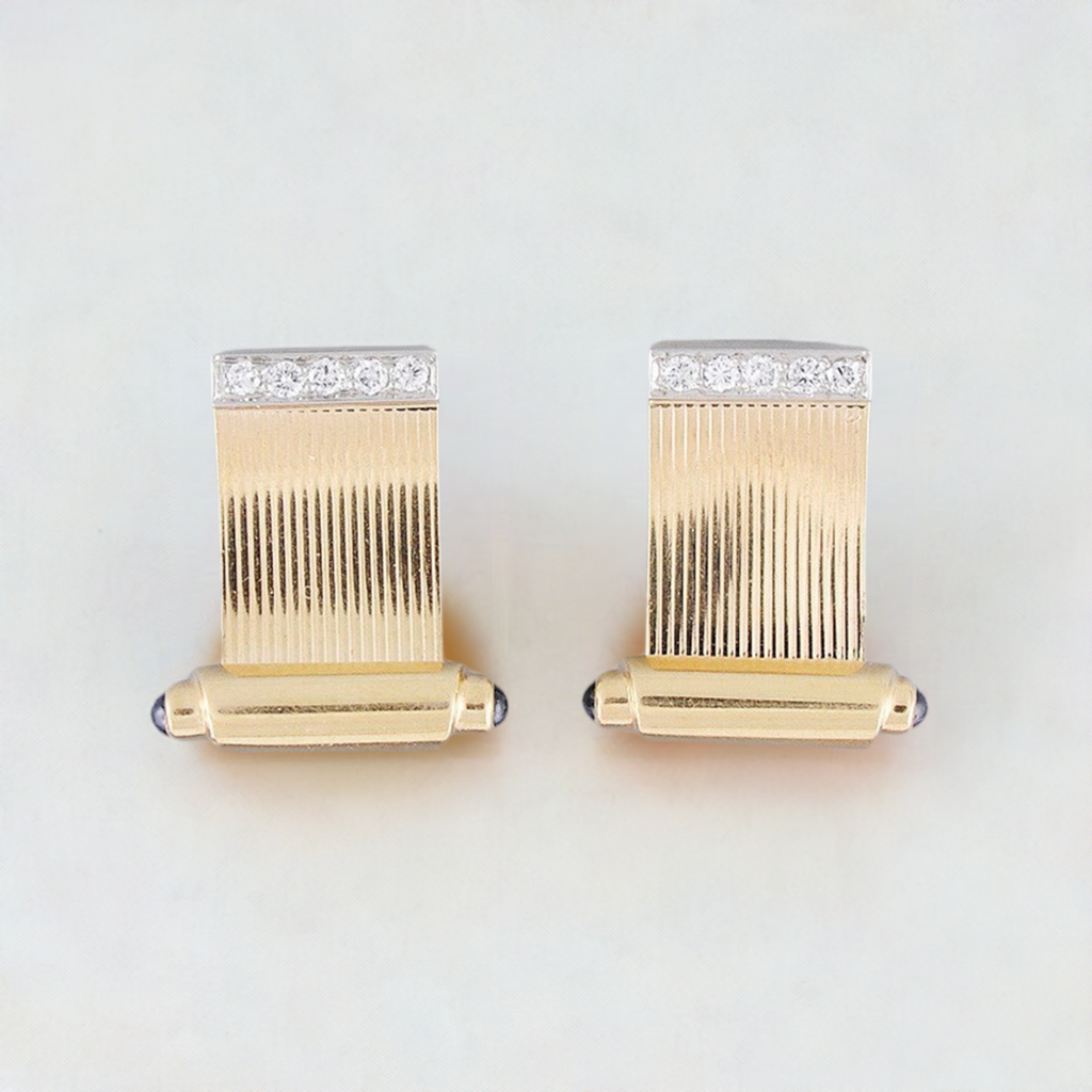Eye-catching Pair 14k Gold Diamond & Sapphire Clipback Earrings