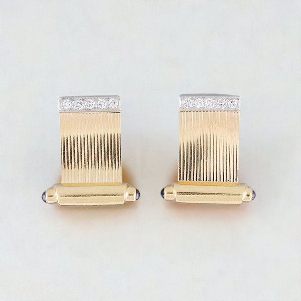 Eye-catching Pair 14k Gold Diamond & Sapphire Clipback Earrings