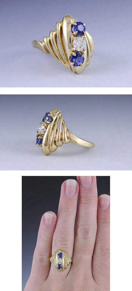 Vibrant High Quality 14K Yellow Gold Blue Sapphire and Diamond Ring Size 6