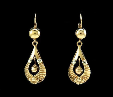 Retro Style Pair 18K Yellow & White Gold Dangle Earrings Flower Accents