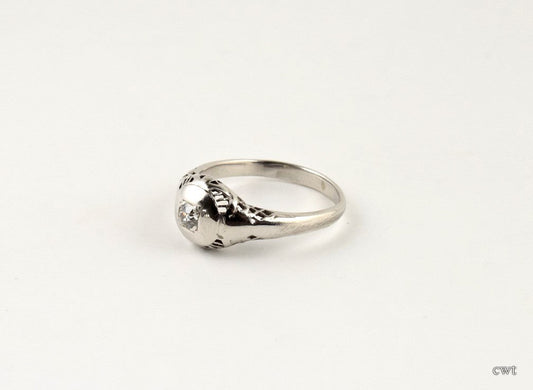 Charming 14pt Brilliant Diamond Ring, 14K White Gold, Filigree, Size 6 1/2
