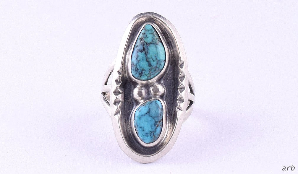 Hand Hammered Sterling Silver Ring w/ Turquoise and Silver Beads Sz 7.75