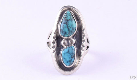 Hand Hammered Sterling Silver Ring w/ Turquoise and Silver Beads Sz 7.75