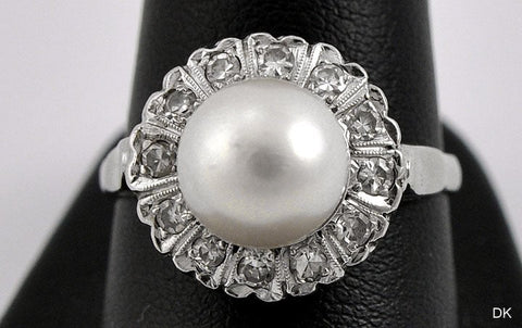 Vintage Pearl Diamond and 14K White Gold Size 9