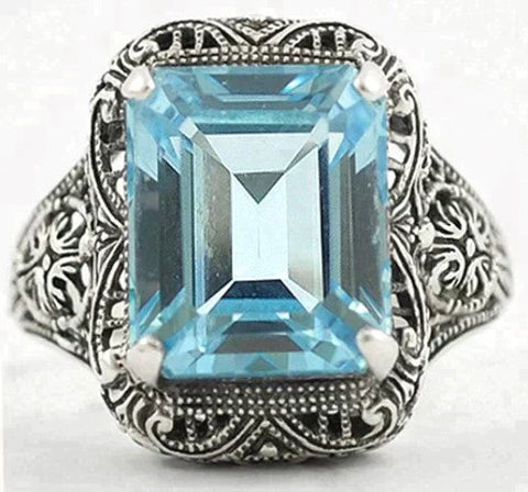 Sterling Silver and Genuine Blue Topaz Filigree Ring Size 6 3/4