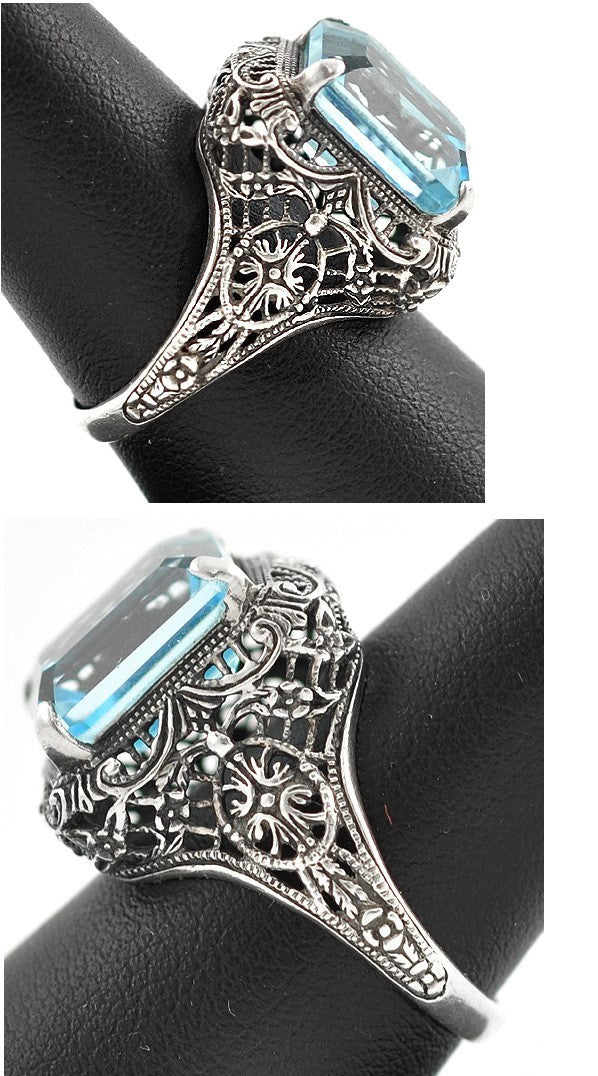 Sterling Silver and Genuine Blue Topaz Filigree Ring Size 6 3/4