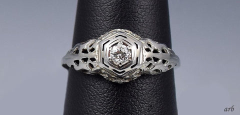 Delightful c1920s 14k White Gold Diamond Ring Filigree Band Size 7