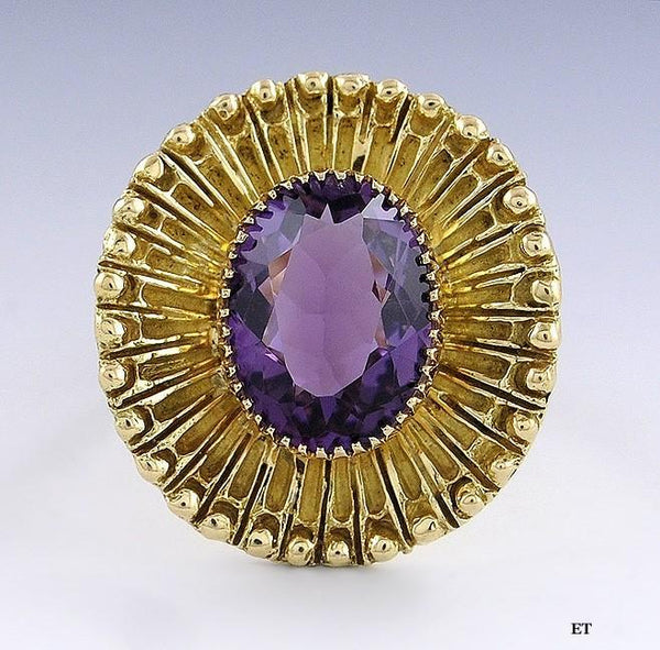 Stunning 18k Yellow Gold & 5.8ct Amethyst Halo Sunburst Statement Ring