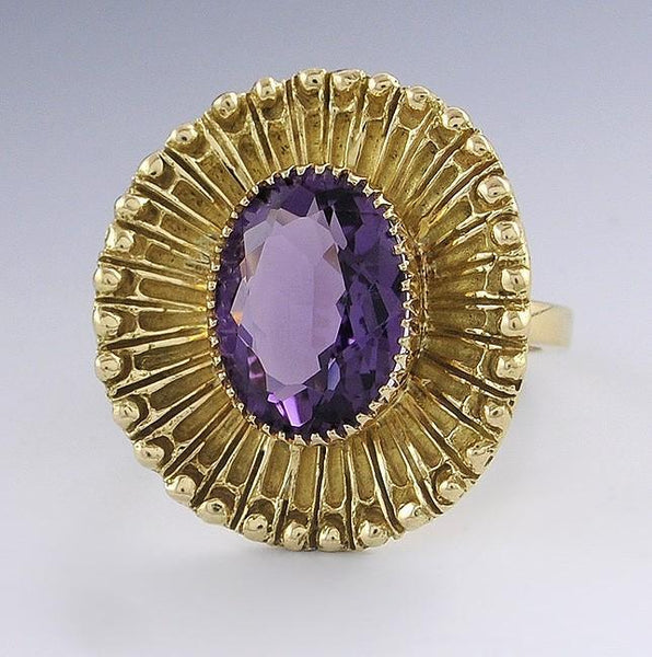 Stunning 18k Yellow Gold & 5.8ct Amethyst Halo Sunburst Statement Ring