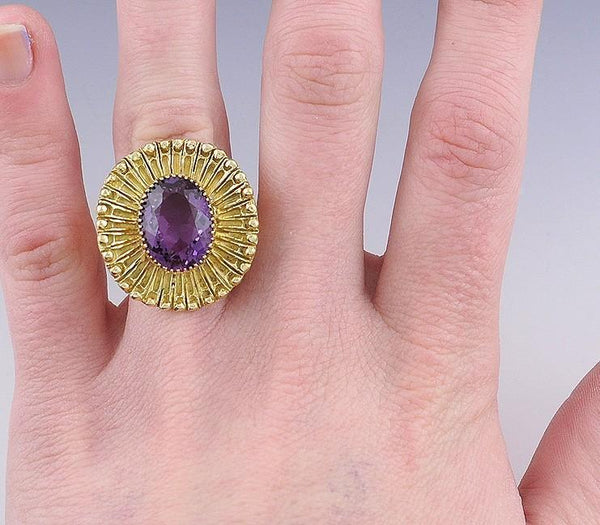 Stunning 18k Yellow Gold & 5.8ct Amethyst Halo Sunburst Statement Ring