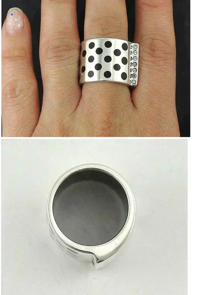 Great Sterling Silver and Black Enameled Dot Ring w/ Rhinestones Size 6.5