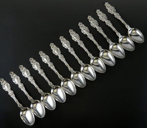 12 Antique Sterling Silver Whiting Lily 1902 Art Nouveau Teaspoons 6" R Mono