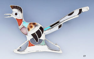 Vintage Old Pawn Sterling Silver Multi Gemstone Inlay Roadrunner Pin/Brooch