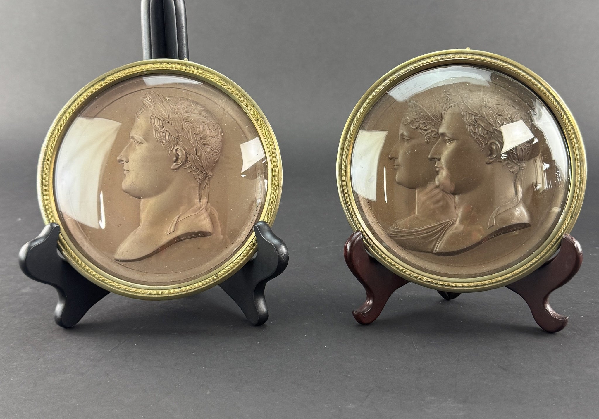 Pair 1800s French Bronze Patinated Lead Napoleon Marie Louise Medals, Andrieu