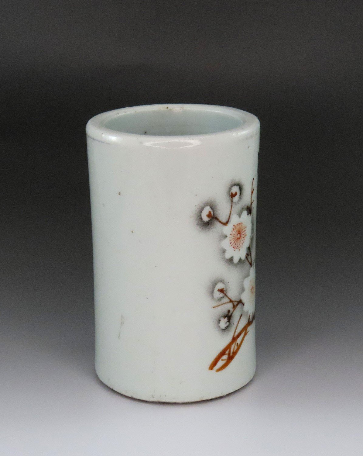 Great Antique Asian Porcelain Brush Pot Hand Painted Bird and Flowers