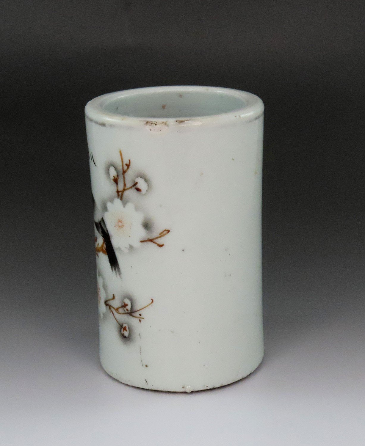 Great Antique Asian Porcelain Brush Pot Hand Painted Bird and Flowers