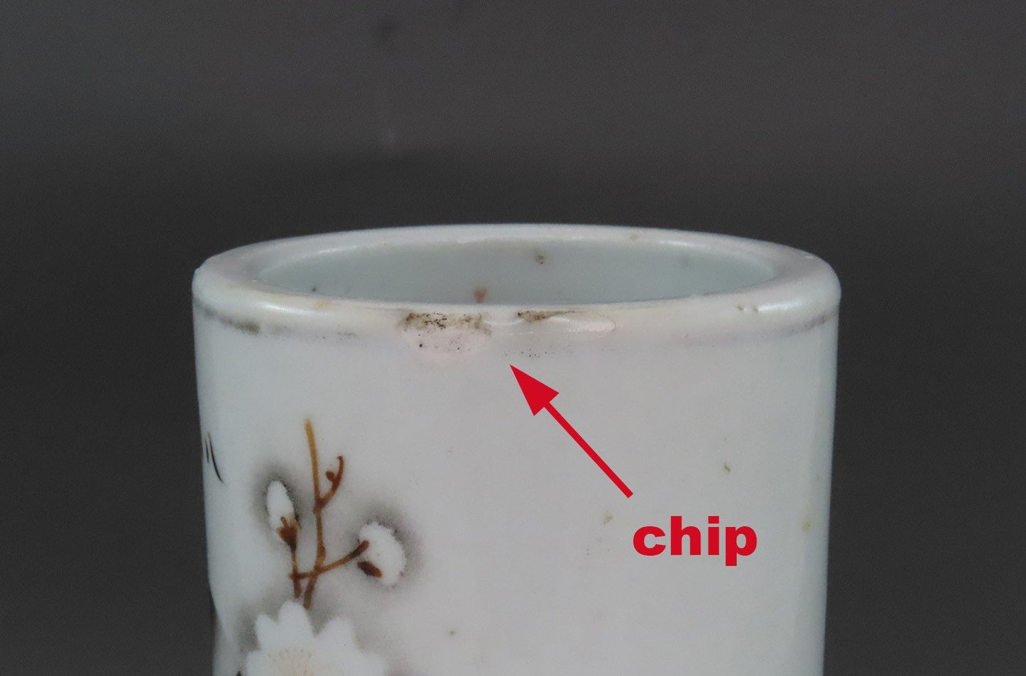 Great Antique Asian Porcelain Brush Pot Hand Painted Bird and Flowers