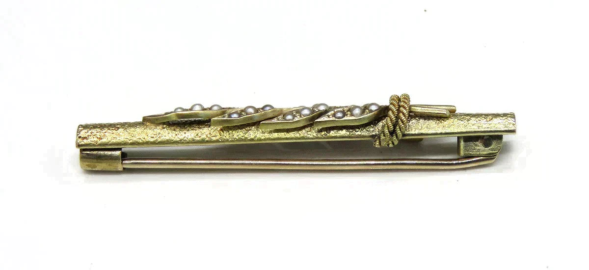 Antique Victorian Etruscan Revival 14K Yellow Gold Natural Pearl Leaf Rope Pin