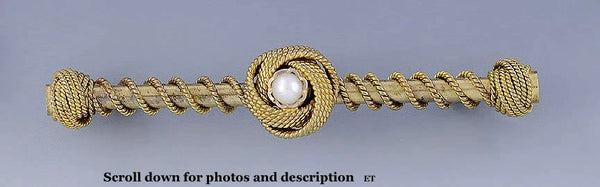 Lovely Victorian Etruscan Revival 14k Gold Pearl Ropetwist Bar Pin Brooch