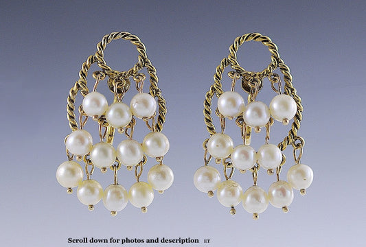 Nice Pair of 14k Gold Rope Form & Dangling Pearl Chandelier Earrings