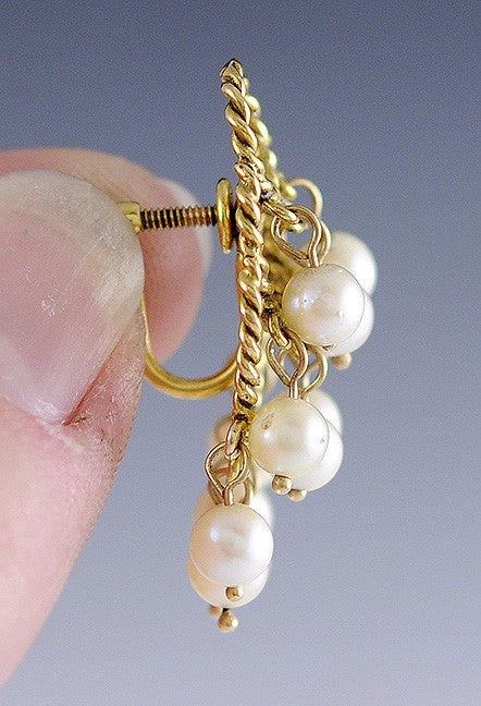 Nice Pair of 14k Gold Rope Form & Dangling Pearl Chandelier Earrings
