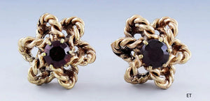 Beautiful Pair 14k Gold & Garnet Twisted Rope Earrings