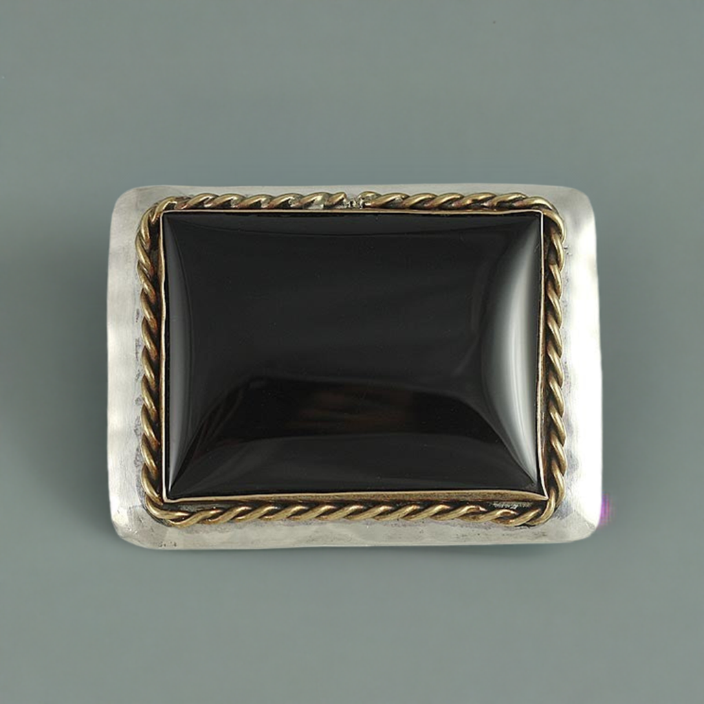 Louis Booth Modern Brass Sterling Silver Onyx Ropetwist Brooch Pin