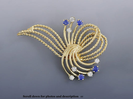 Lovely Modern 14K Gold Diamond & Sapphire Brooch/Pin