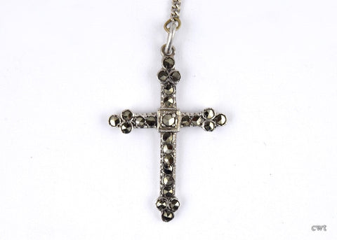 Italian 800 Purity Silver and Marcasite Cross Mother of Pearl Beaded Rosary