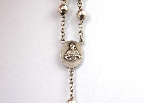 Nice Sterling Silver Crucifix Cross On Sterling Silver Rosary w/Jesus and Mary