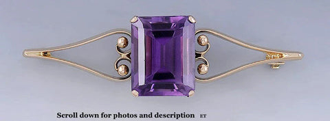 Fantastic 14k Gold Large Natural Amethyst Pin Brooch