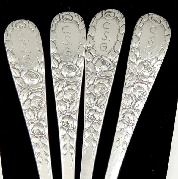 4 Antique Schofield Baltimore Rose Repousse Sterling Silver Demitasse Spoons