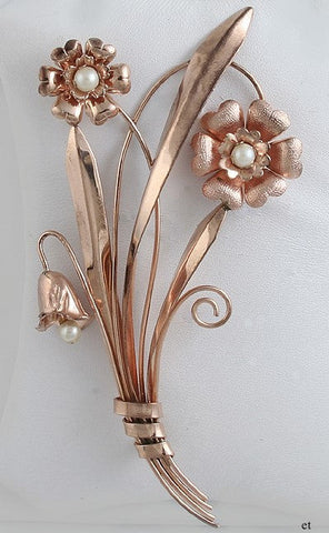 Large Vintage Retro 10k Rose Gold Pearl Flower Pin 1950s