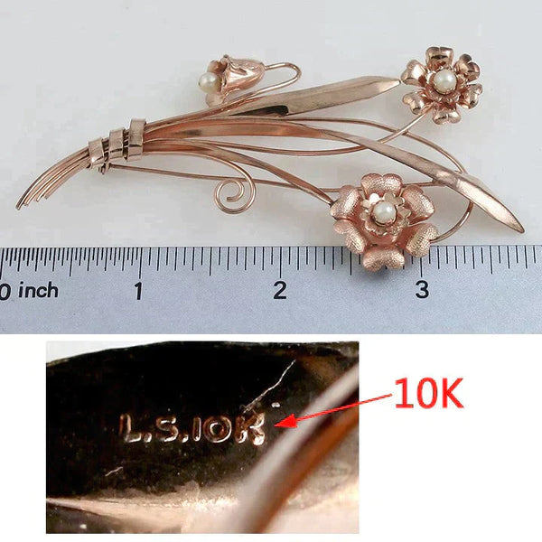 Large Vintage Retro 10k Rose Gold Pearl Flower Pin 1950s