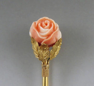 Antique Victorian English 12K Gold Coral Rose Flower Long Safety Pin/Brooch