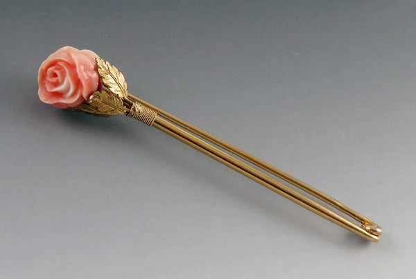 Antique Victorian English 12K Gold Coral Rose Flower Long Safety Pin/Brooch